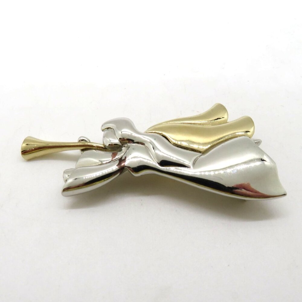 Liz‎ Claiborne Angel Brooch Gold Silver Tones Flying Trumpet 2.5" Pin  Two Tone